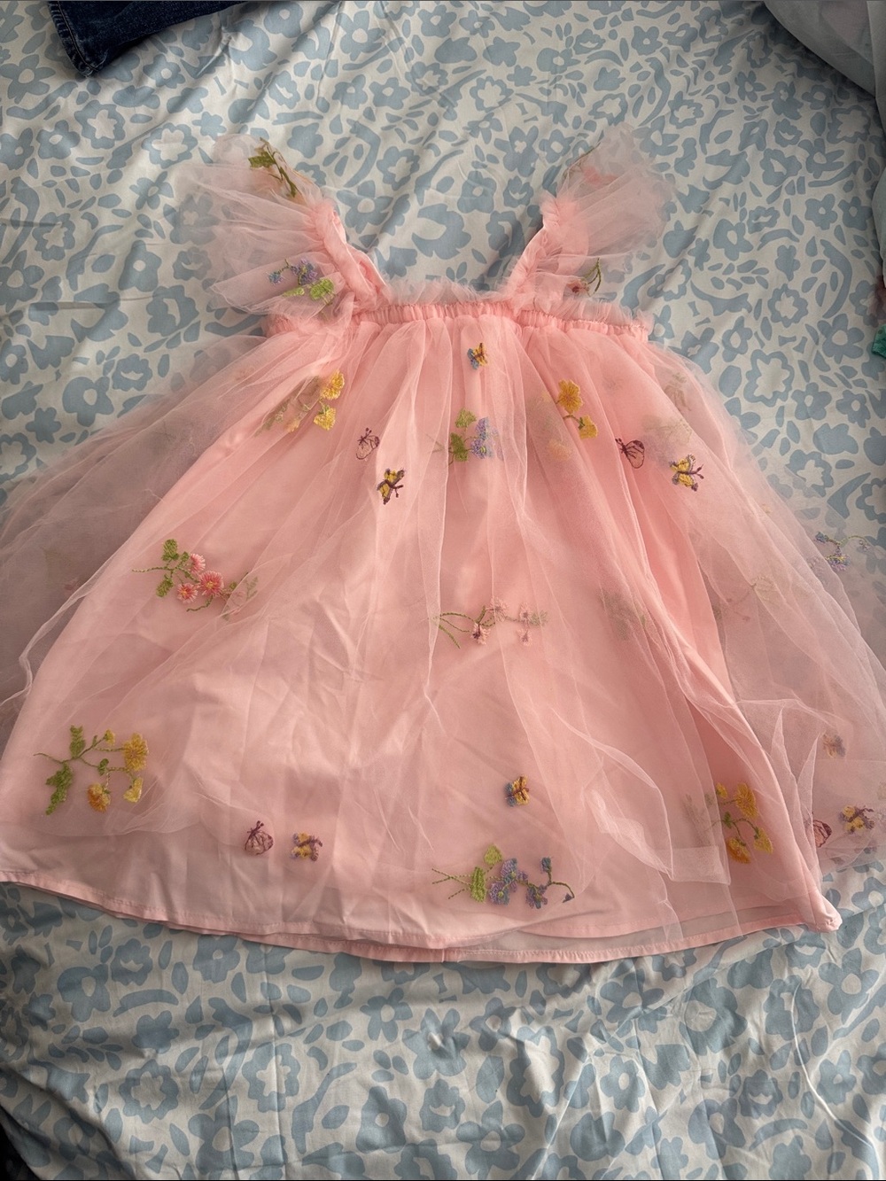 chic Pink Tulle Dress with Embroidered Floral Accents